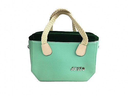JU'STO Women's Leather Handbag with Green Base and Beige Straps, 30x8x18 cm, J-Young