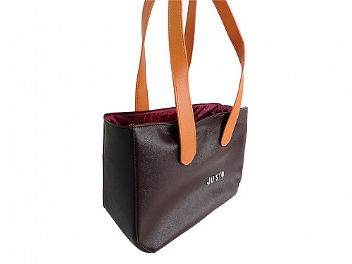 JU'STO Women's Leather Shoulder Bag with brown Base and orange Straps, 34x10x22 cm, J-Lady