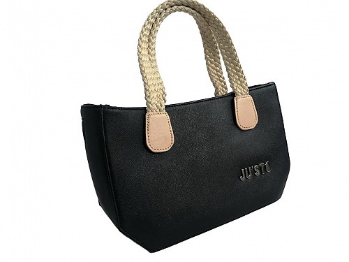 JU'STO Women's Leather Handbag with Black Base and Beige Straps, 30x8x18 cm, J-Young