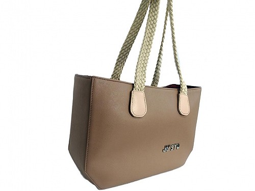 JU'STO Women's Leather ShoulderBag with brown Base and Beige Straps, 34x10x22 cm, J-Lady