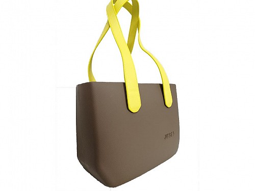 JU'STO Γυναικεία Τσάντα Ώμου από Καουτσούκ με καφέ βάση και κίτρινο λουράκι, 36x10x23 cm, J-Wide