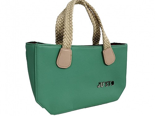 JU'STO Women's Leather Handbag with Green Base and Beige Straps, 30x8x18 cm, J-Young