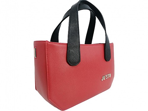 JU'STO Women's Leather Handbag with red Base and black Straps, 30x8x18 cm, J-Young